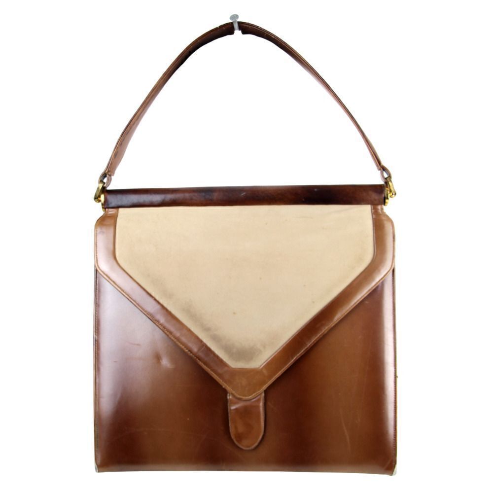 VINTAGE Sydney California BROWN GENUINE LEATHER FRAMED FLAP BAG HANDBAG SATCHEL